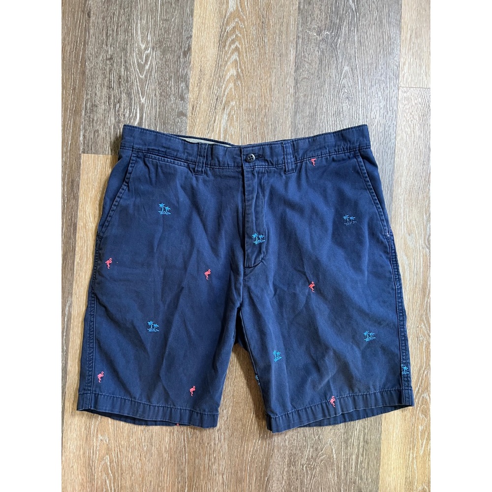 Cremieux Chino Shorts Mens 33 Navy Blue Good Flamingo Palm Tree Embroidered